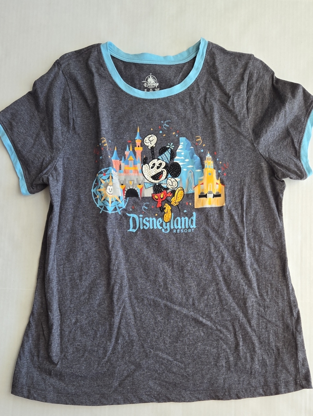 Disney Parks Mickey Graphic Gray Tee Light Blue Trim Rhinestone Overlays XL